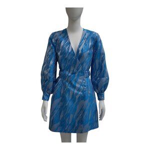 BEAUTIFUL GANNI BLUE/ METALLIC SILVER POET SLEEVE DRESS 2/36
